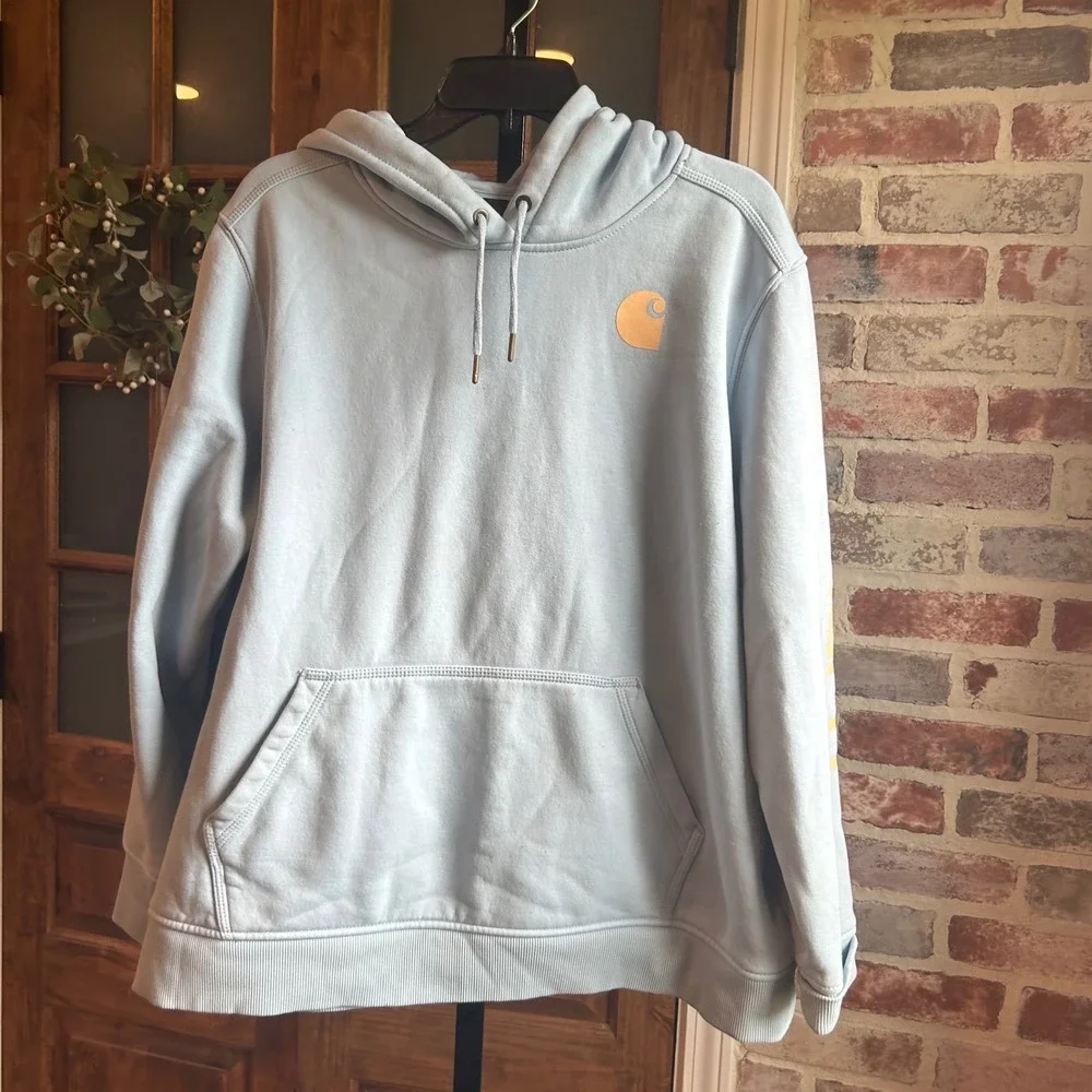 Carhartt Hoodie Women 2X Baby Blue Relaxed Fit Logo Arm Graphic Pullover FLAW